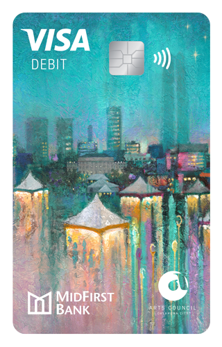 A East First debit card that features an abstract piece of art and the Arts Council OKC logo